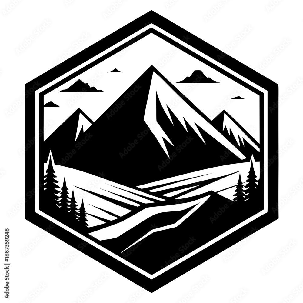 Obraz premium Hexagon Framed Mountain Scene – Clean Silhouette Art