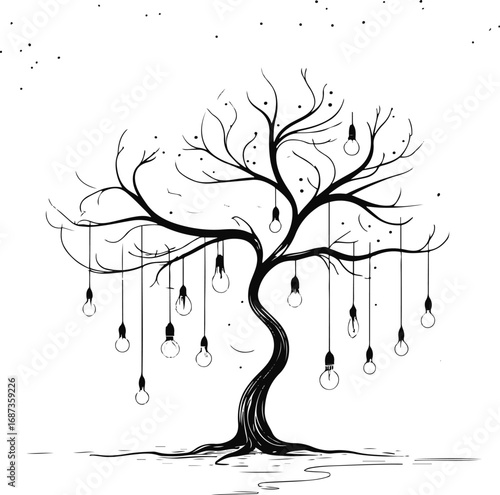 Black and white line art of a tree with glowing light bulbs hanging instead of fruits, surreal minimal doodle vector illustration 2