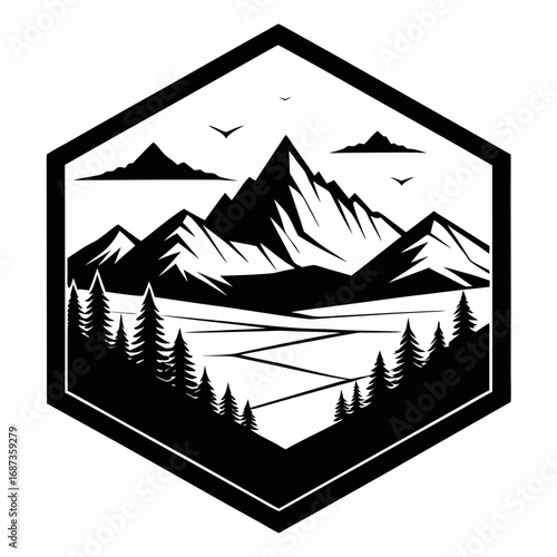 Hexagon Framed Mountain Scene – Clean Silhouette Art