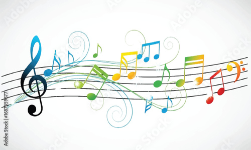 Colorful musical notes on staff lines, decorative background, vector illustration
