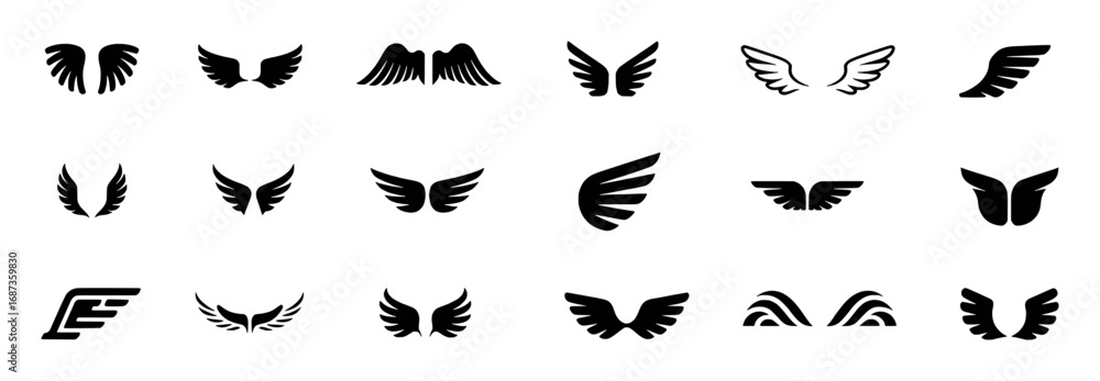 Naklejka premium Collection of Diverse Black Wing Icons and Symbols