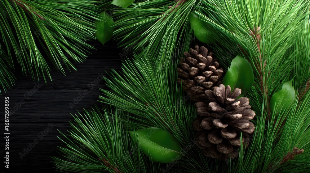 Fototapeta Fresh green pine needles with cones create a serene atmosphere, highlighting the intricate details of nature's design