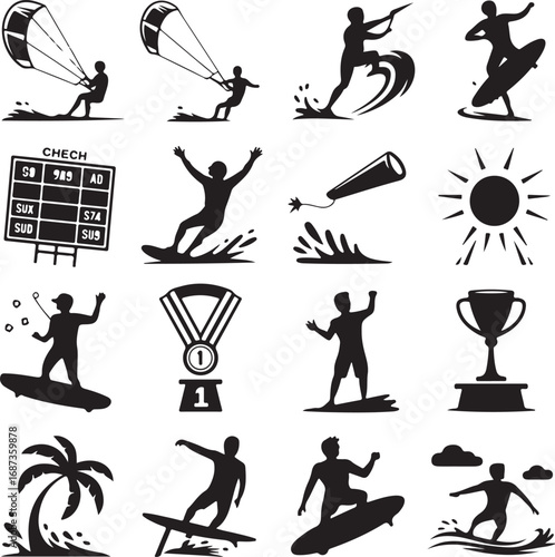 Surfing and Extreme Sports Icons Set Vector Graphics Keywords: surfing, surfboard, kite surfing