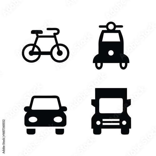 Four black vehicle icons bicycle scooter car truck on white background vector 1