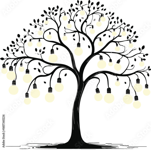 Black and white line art of a tree with glowing light bulbs hanging instead of fruits, surreal minimal doodle vector illustration