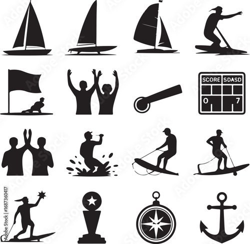 Sailing and Water Sports Icons Set Vector Graphics Keywords: sailing, sailboat, yacht, boat