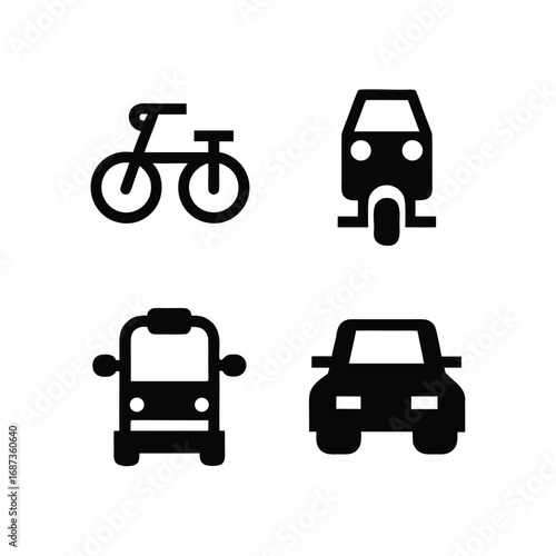Four Black Vehicle Icons Bicycle Tuk Bus Car on White Background bike tricycle