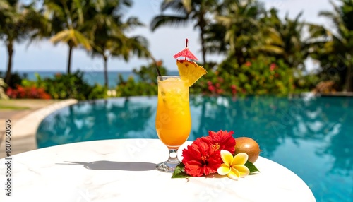 Refreshing tropical drink by a pool