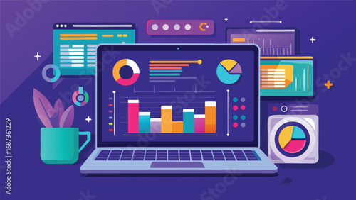 A laptop with a graph and bar chart on the screen, representing analytical data and performance metrics..eps