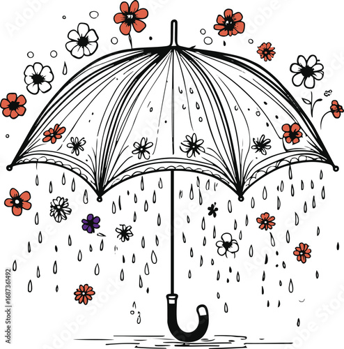 Black and white line art of an umbrella raining flowers instead of water, minimal doodle style, clean vector illustration 2