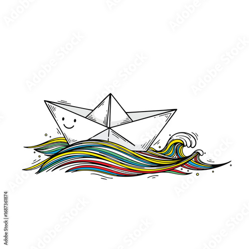 Handdrawn illustration of a happy paper boat with a smiling face sailing on colorful stylized waves.