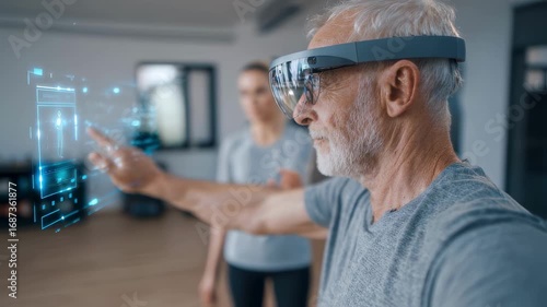 Focused medium shot of a rehabilitation patient performing exercises guided by an augmentedreality coach app with realtime motiontracking visuals clearly displayed on a transparent