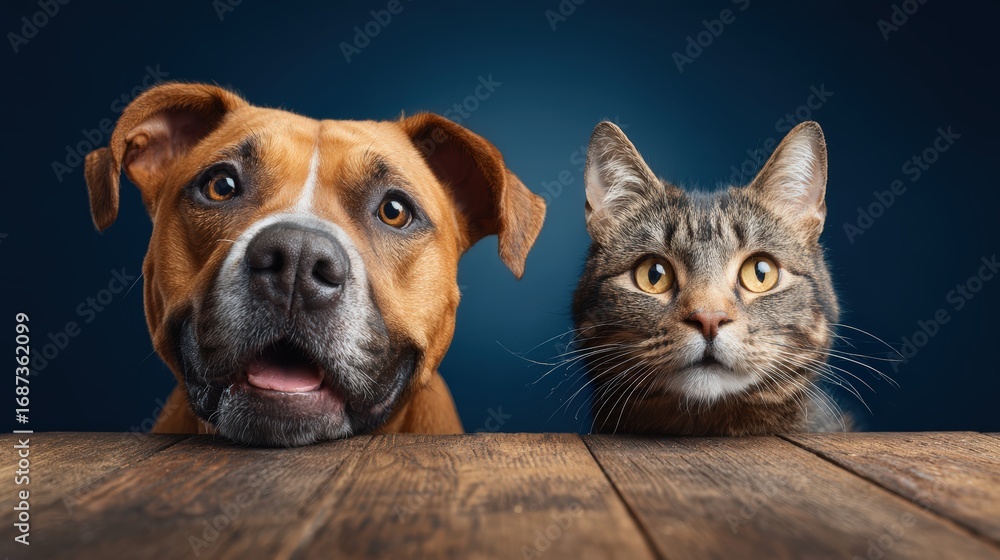 Obraz premium Adorable affectionate dog and curious cat sitting side by side on wooden surface with dark blue background