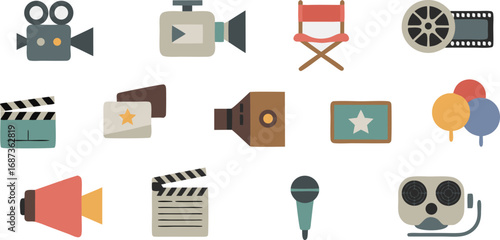 Flat Design Illustration Movie Making Tools Camera, Clapperboard, Chair, Film Reel, and More!