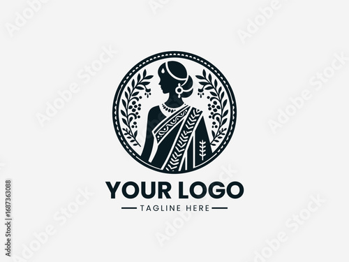 Elegant saree woman vector logo design with floral ornaments and traditional ethnic style