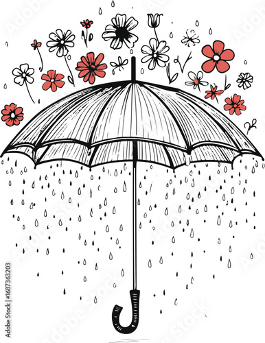 Black and white line art of an umbrella raining flowers instead of water, minimal doodle style, clean vector illustration