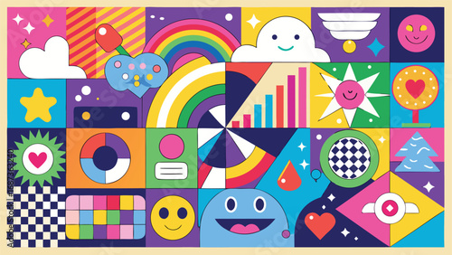 A dynamic pattern filled with an assortment of colorful objects and symbols, offering a playful and artistic composition..eps