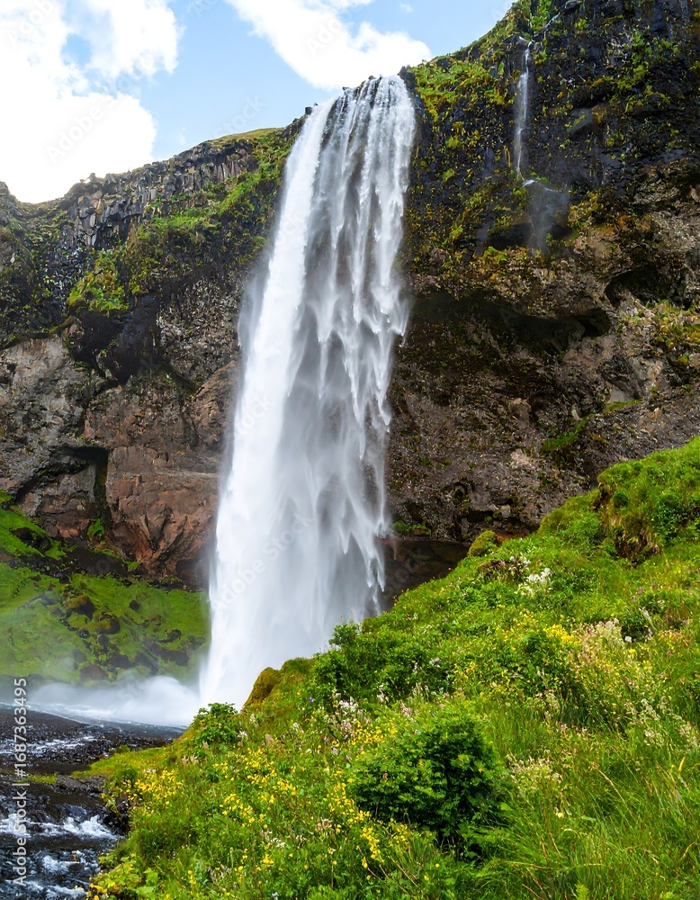 Obraz premium Majestic waterfall cascading down rocky cliff