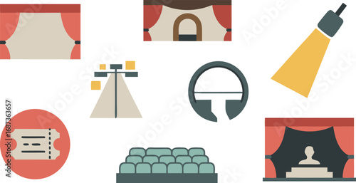 Flat Icons Illustrating Theater Elements Stage, Spotlights, Tickets, Seats, Theater Box and Actors