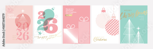 Merry Christmas and Happy New Year Greeting Cards. Vector illustrations for background, greeting card, party invitation card, website banner, social media banner, marketing material.