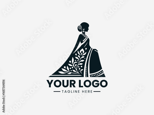 Elegant woman in saree vector logo with decorative floral patterns and traditional design