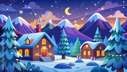 Festive illustration of a magical winter Christmas landscape designed for a banner or wallpaper, featuring snowy hills, decorated pine trees, cozy houses with glowing lights, and a starry night sky