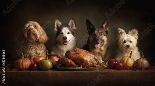 Four adorable dogs sitting behind a rustic Thanksgiving table with cooked turkey pumpkins and s in a warm cozy setting