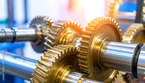 Close-up of golden gears and metal shafts
