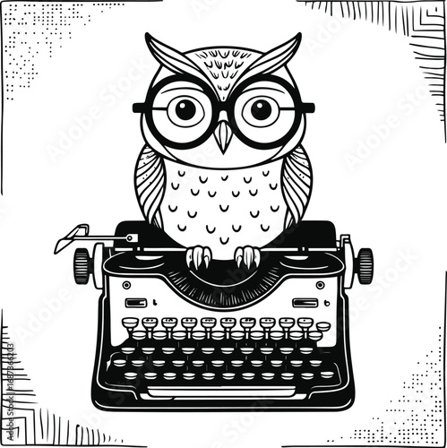 Black and white line drawing of an owl using a vintage typewriter, minimal surreal doodle style, stock vector illustration 1