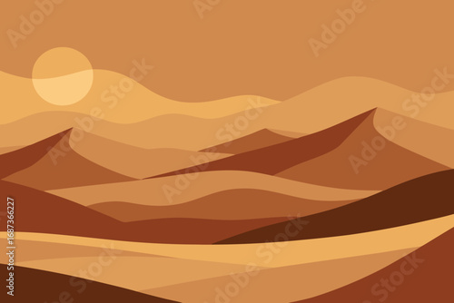 Vector art of a serene desert landscape with rolling sand dunes under a warm, setting sun, creating a peaceful and tranquil scene of natures beauty and vastness