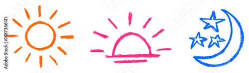 Sun Sunset Mood Icons Crayon Chalk Drawing Doodle Vector Set