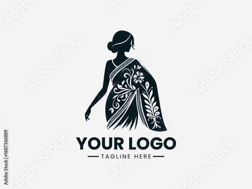 Elegant woman in saree vector logo with decorative floral patterns and traditional design
