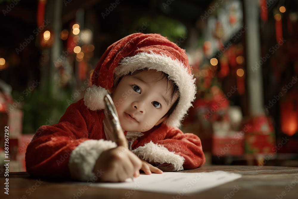 A little boy writes a letter to Santa Claus with a hopeful expression, a warm atmosphere A little boy writes a letter to Santa Claus with a hopeful expression, a warm atmosphere