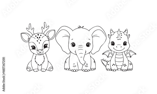 Cute Baby Animals Black and White Outline Set
