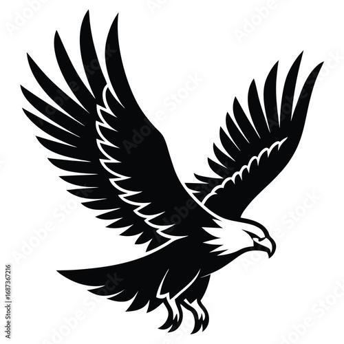 Bald Eagle Flying Soon Eagle Detailed black-and-white line art of a bald eagle in mid-flight with wings fully spread and talons forward, dynamic perspective, crisp vector-ready ink outlines, high-cont