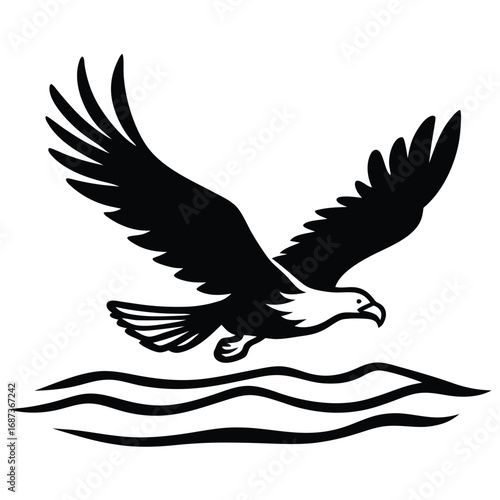 Bald Eagle Flying Soon Eagle Detailed black-and-white line art of a bald eagle in mid-flight with wings fully spread and talons forward, dynamic perspective, crisp vector-ready ink outlines, high-cont