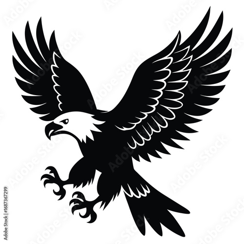 Bald Eagle Flying Soon Eagle Detailed black-and-white line art of a bald eagle in mid-flight with wings fully spread and talons forward, dynamic perspective, crisp vector-ready ink outlines, high-cont