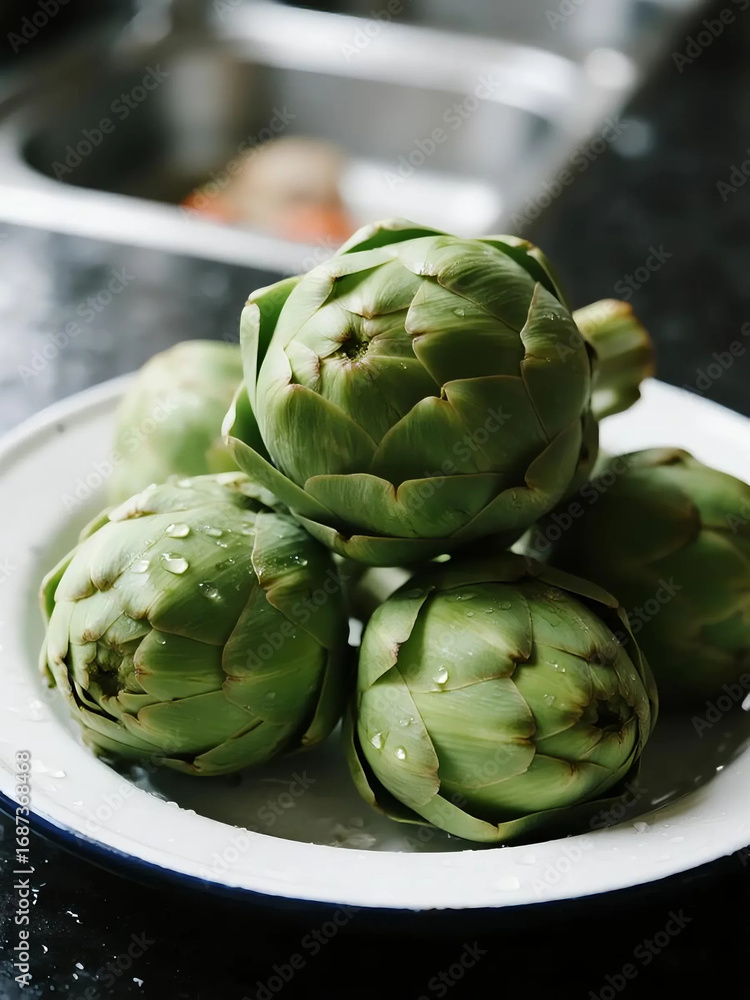 Obraz premium Freshly Harvested Artichokes Displayed on a Rustic Plate, Ready for Culinary Preparation