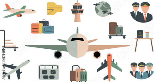 Graphics Illustration Colorful Airplanes, Suitcases, Pilots, and Airport Elements on a White Background