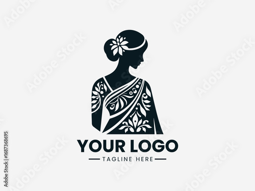 Elegant woman in saree vector logo with decorative floral patterns and traditional design