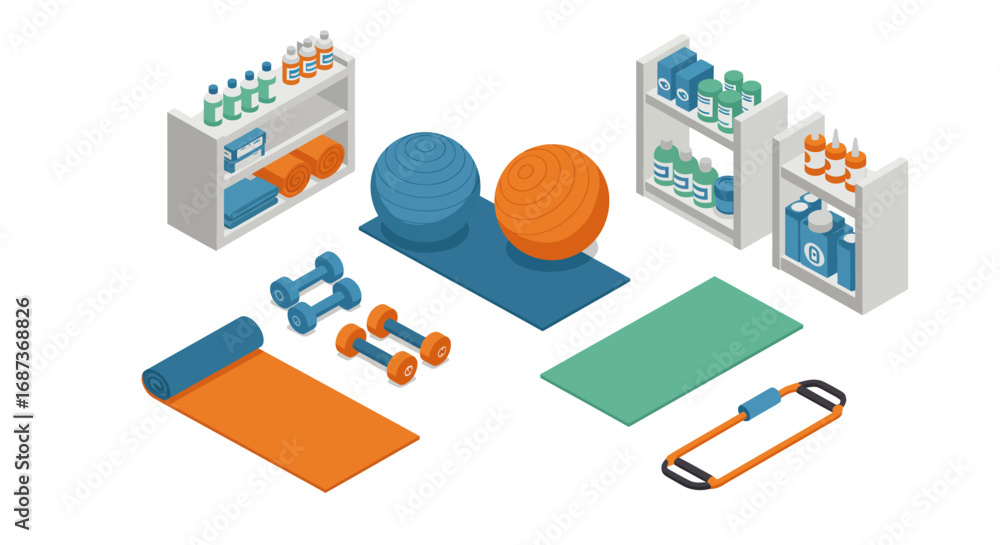 Obraz premium Isometric home gym set with equipment and supplements on shelves