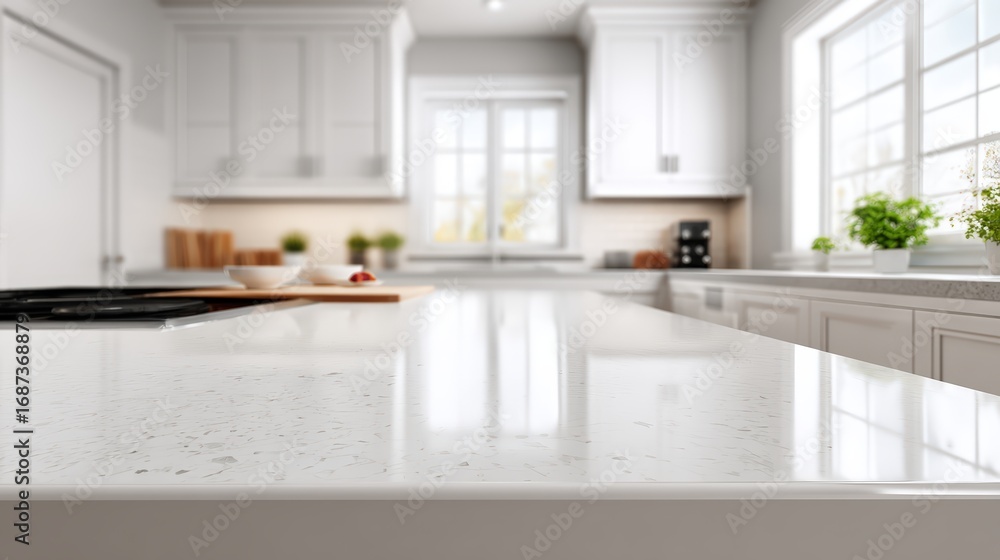 Fototapeta premium Bright Modern Kitchen Interior with White Cabinets Large Natural Light and Green Plants on Countertops