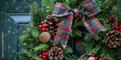 Festive Christmas Wreath with Pinecones and Plaid Bow on Green Door