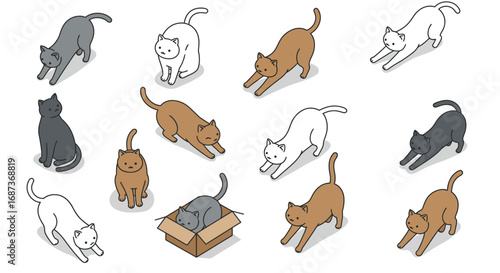Playful cats: isometric cartoon felines in various poses with a box