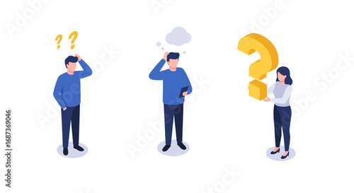 People with questions: isometric characters pondering ideas and solutions