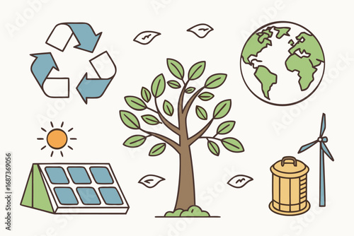 Vector art of ecofriendly illustration featuring recycle symbol, tree, earth, solar panel, and windmill, promoting renewable energy and environmental sustainability
