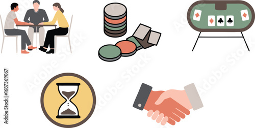 Group Meeting, Poker Table, Chips, Handshake, Hourglass, Decision Making and Gambling Elements Illustration