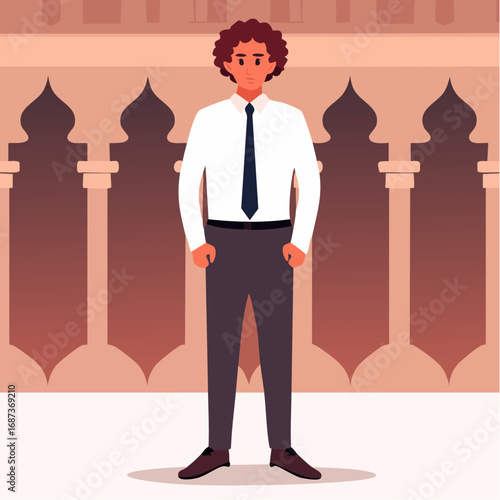 turkish businessman with chestnut curls and arabesque tile pattern backdrop