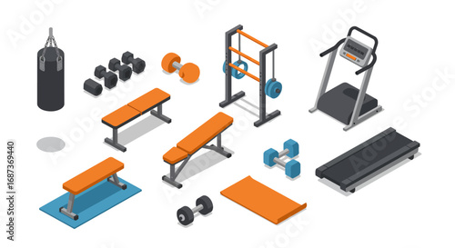 Isometric gym equipment set with treadmill, dumbbells, and bench press