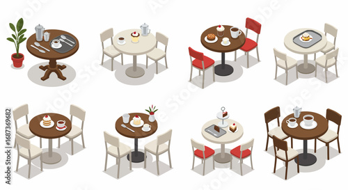 Cozy cafe tables with different settings and meals in isometric design